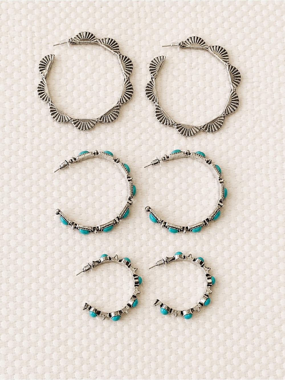 3 Pair of Silver and Turquoise Hoop Earrings